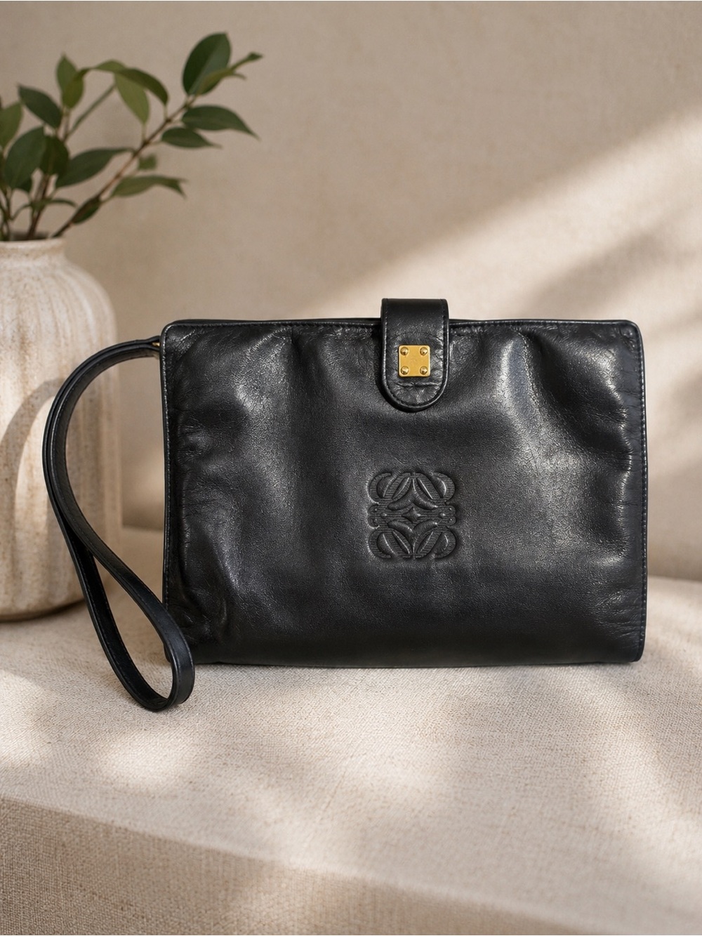 Vintage Loewe Anagram Black Nappa Leather Clutch